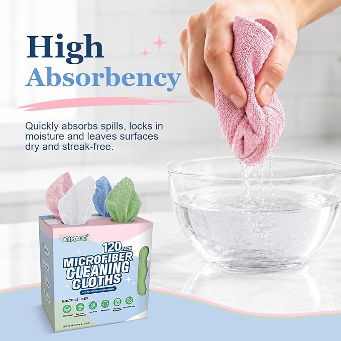 UNIMADE Microfiber Cleaning Cloth, 120 Pack Reusable Paper Towels Microfiber Towels for Cars Lint Free Shop Rags with for Home Kitchen Automotive, 11"x 9", White & Green & Blue & Pink