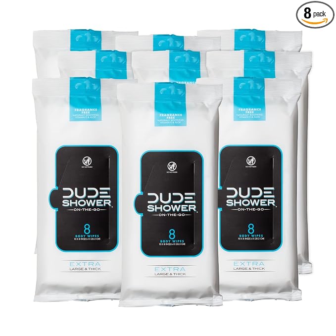 DUDE Wipes On-The-Go Shower Wipes - 9 Pack, 72 Wipes - Unscented Extra-Large Wipes with Vitamin E & Aloe - Full Body Shower Replacement Wipes