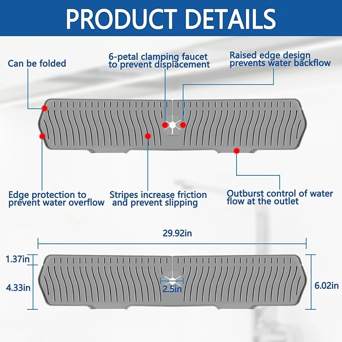 Kitchen Sink Splash Guard Gen2-30" x 6'' Silicone Sink Mat Splash Guard fit for Countertop, Bathroom,Farmhouse,RV by EBIGIC (Grey)