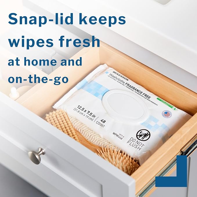 McKesson Washcloth Wipes, Unscented - Disposable Wet Wipes for Adults - Fragrance-Free, Alcohol-Free - No-Rinse Formula - Snap Lid Soft Pack, 96 Count, 3 Packs, 288 Total