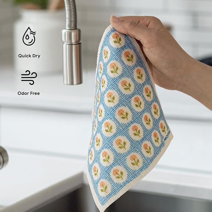 RECYCO Swedish Dishcloths for Kitchen | 6 Packs Bloom Tiles Washable Dish Rags | Cellulose Reusable Cleaning Paper Towels | Absorbent Counter Dish Cloth Sponge Kitchen Wipes, 8" L x 7" W