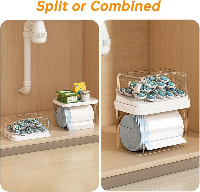 2-in-1 Trash Bag Holder Laundry & Dishwasher Pods Container,Garbage Bag Dispenser with Removable Lids,Kitchen Organizer and Under Sink Storage Box