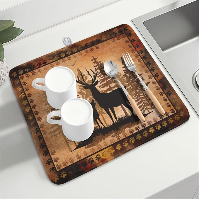Giwawa Forest Deer Dish Drying Mat Wildlife Animal Dishes Pad 16"x18" Microfiber Absorbent Fast Dry Drainer Rack Mats for Kitchen Countertop Decor