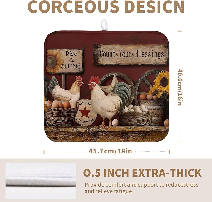 Farmhouse Rooster Dish Drying Mat Farm Animal Chicken Drying Mats for Kitchen Counter Vintage Rustic Country Dishes Drainer Mats Absorbent Microfiber Dish Draining Pad 16x18 Inch