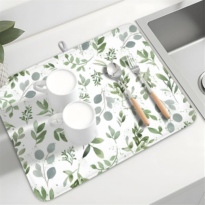 Spring Summer Sage Green Leaves Dish Drying Mat 16x18 Inch | Eucalyptus Leaf，Polyester，Absorbent Microfiber，for Kitchen Coffee Dining Bar Decor