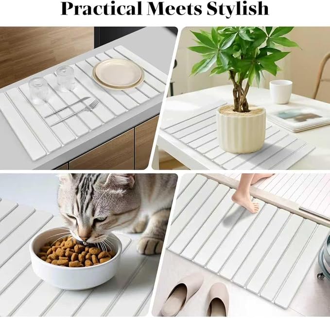 Large Stone Dish Drying Mats for Kitchen Counter, Fast Drying Collapsible Dish Drying Mat, Eco-Friendly Absorbent Diatomaceous Earth Mats for Dishes Cups, Match Any Countertop (White 28"×16" & 8"x4")