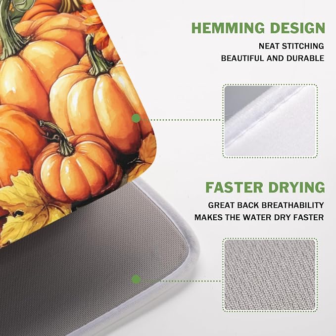 Fall Orang Pumpkin Dish Drying Mat for Kitchen Counter 16 x 18 Inch Autumn Sunflower Dish Drainer Mat Absorbent Microfiber Thanksgiving Wooden Dish Rack Pad for Coffee Dining Bar Decor