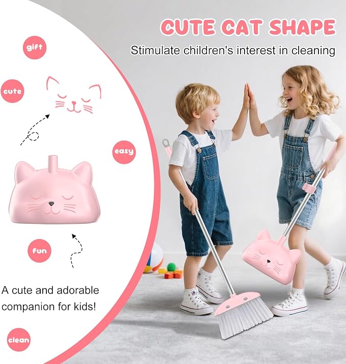 nacena Mini Broom with Dustpan & Mop for Kids, 28-in Handle Kids Brooms and Dustpan Set for Toddlers Cat-Shaped Children Broom and Cleaning Set Boys Girls Small Housekeeping Helper Sets, Pink
