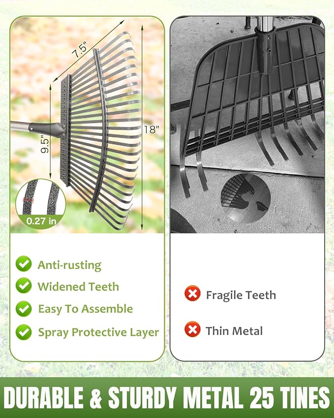 65 Inch 25 Tines Metal Leaf Rake Set with 40 Gal Dustpan-Type Bags | Heavy duty garden rake, Leaf gathering tool, Yard waste bag set, Metal dustpan rake, Lawn tool, Grass clippings sweeper