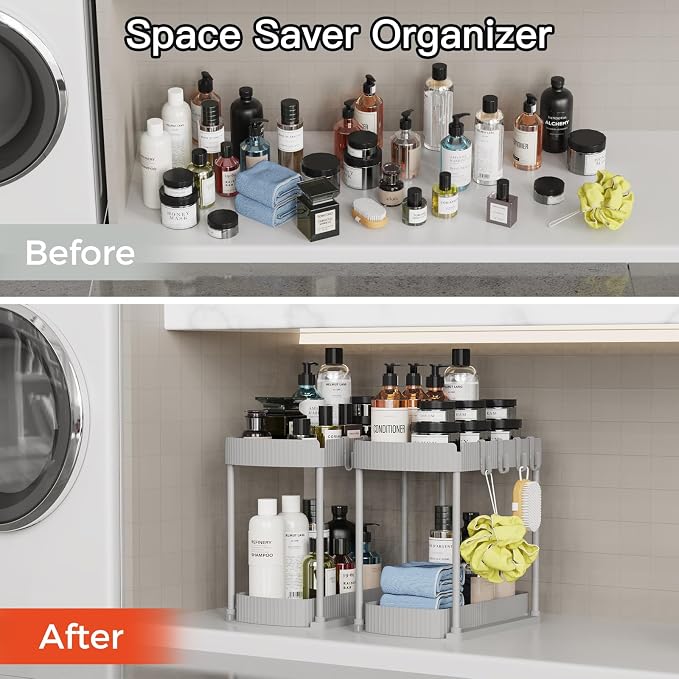 Ukeetap 2 Pack Multi-Purpose Pull-Out Storage Organizers, Under Sink Organizers and Storage for Bathroom & Kitchen, Under Cabinet Organizers and storage, 14.8 Inch, Grey