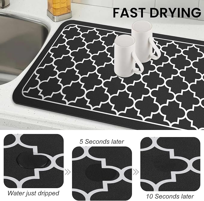 WISELIFE Dish Drying Mat Super Absorbent Drying Mat Large Dish Drying Mats for Kitchen Counter Easy Clean Dish Mat Kitchen Drying Mat18"x 28" Stylish Black