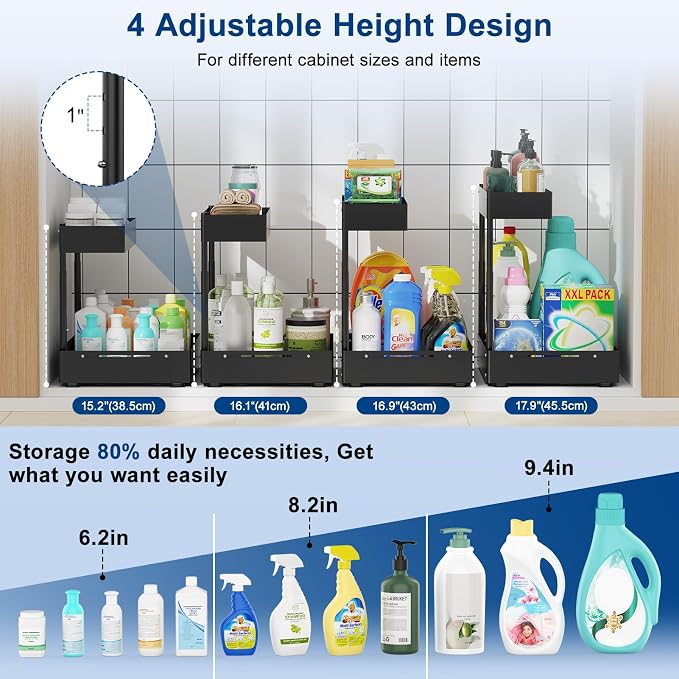 Insputer 2 Pack Under Sink Organizer, 2 Tier Under Cabinet Storage Expandable Width 9.8"-15" & Height Adjustable, Thickened Pull Out Shelf for Bathroom, Kitchen, Laundry, Pantry(Black)