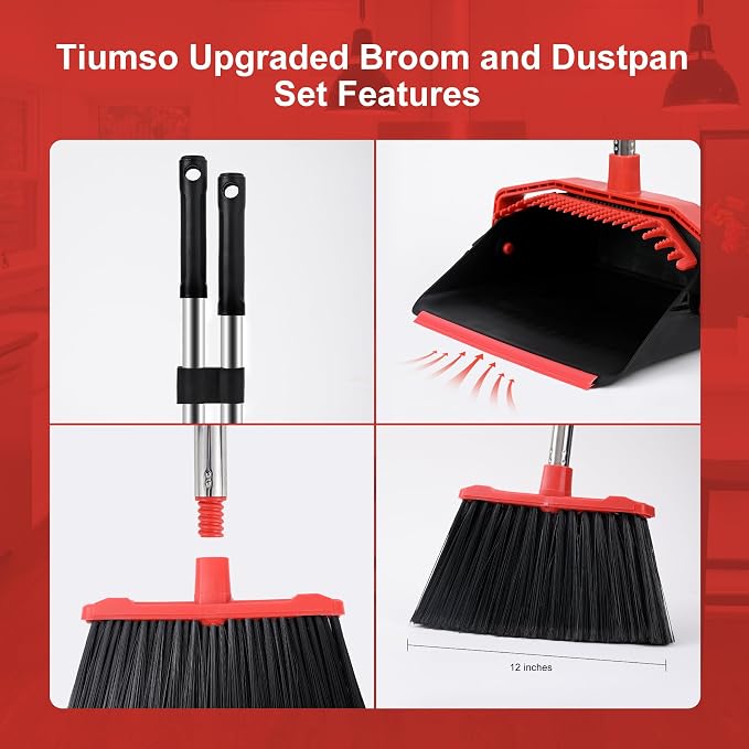 Large Upright Broom and Dustpan, Heavy Duty Dust Pan with 51" Long Handle for Indoor Outdoor Garage Kitchen Room (Black and Red)
