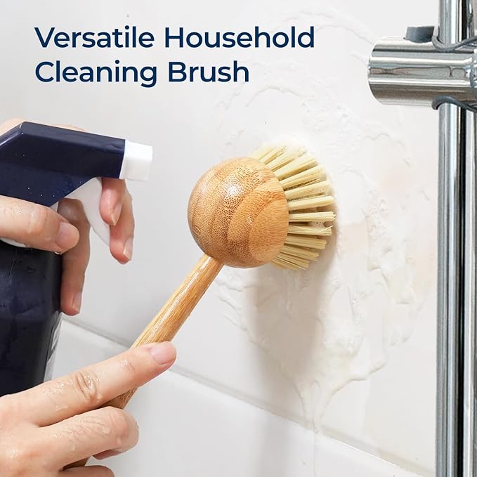 Lorzon 2 Pack Dish Brush with Handle, Bamboo Dish Scrub Brush, Kitchen Brushes for Dishes, Scrubber, Pots, Pans, Sink, Dishwashing Cleaning Brush