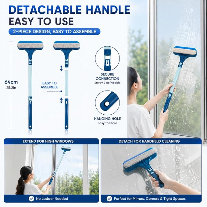Window Screen Cleaner Brush, 3-in-1 Mesh Screen Cleaning Brush with Squeegee and Detachable Long Handle, Professional Soot and Dust Remover for Window, Patio, Door, Multi-Purpose Home Cleaning Kit