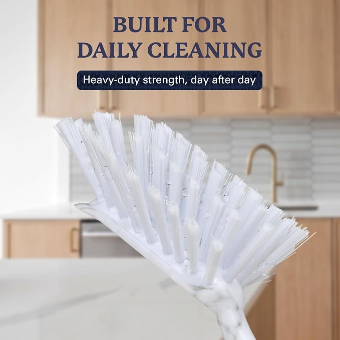 Farberware Dish Brush with Handle, 2 Pack, Firm Bristles | Kitchen scrub brush and dish scrubber removes grease, reaches pot and pan edges, 10in, rectangle head, scraper tip
