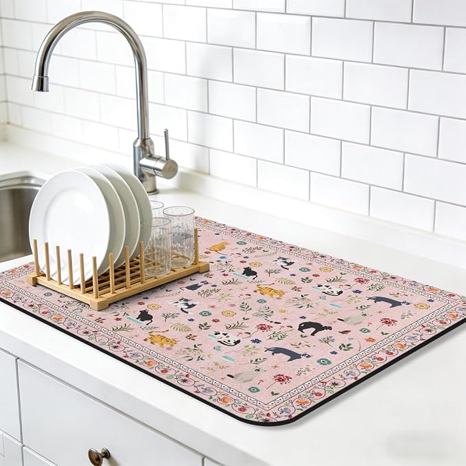 Dish Drying Mat, Vintage Rustic Boho Kitchen Dishes Absorbent Pad, 18x24in | Eco-friendly diatomite with non-slip rubber backing. Super absorbent mat for kitchen counters, coffee bars & sinks