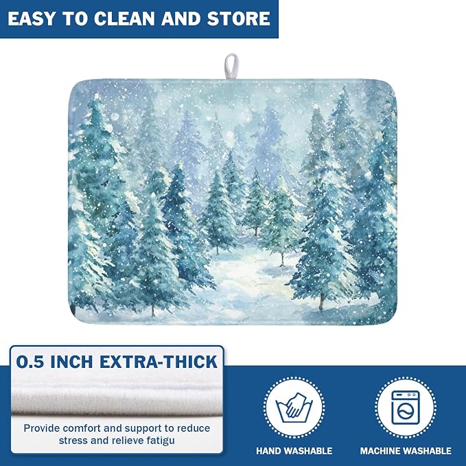 Winter Forest Dish Drying Mat for Kitchen Counter 18x24 Inch | Blue Christmas Pine Trees Snow Scene Dish Drainer Mat Rustic Seasonal Holiday Absorbent Washable Drying Pad