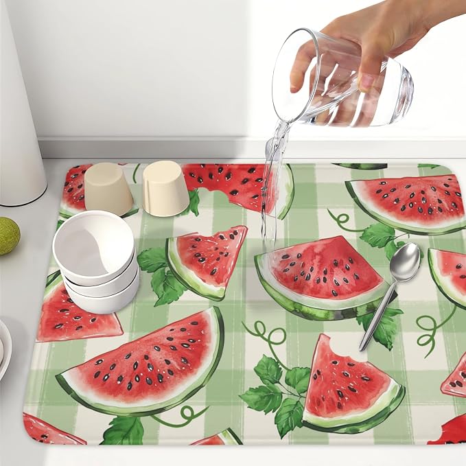 Summer Dish Drying Mat for Kitchen Counter Watercolor Watermelon Green Buffalo Plaid Microfiber Dish Drainer Mat Rustic Absorbent Washable Drying Pad Extra Large 18"x24"