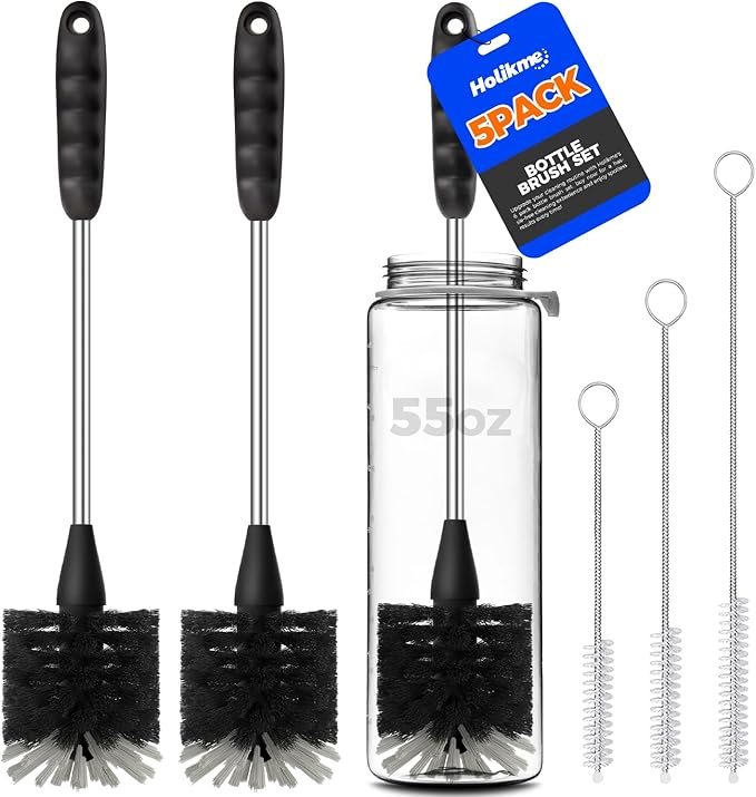 Holikme 5-Piece Bottle Brush Cleaner Set - 14" Stainless Steel Handle, 3 Straw Brushes, Cleans Water Bottles, Cups, Baby Bottles, Black & Grey