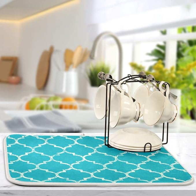 Super Absorbent Dish Drying Mat, Microfiber Fast-Drying Dish Mat, 24" x 18", Kitchen Dish Drying Pad, Beautiful Grunge White Morrocan Trellis