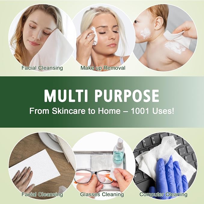 Disposable Face Towels 300 Count, Biodegradable Ultra Soft & Thick Facial Towels for Sensitive Skin, Lint-Free Makeup Remover Dry Wipes, Multi-Purpose Cleansing Towelettes for Face Wipes, Skincare