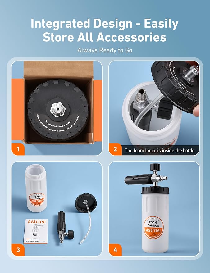 AstroAI Foam Cannon for Pressure Washer with 1/4" Quick Connect Plug, 1 L | Thick Foam, Car Wash, Heavy Duty Durable Foam Sprayer, Wide Neck, Adjustable Foam Lance, Easy Install, Cleaning Accessories