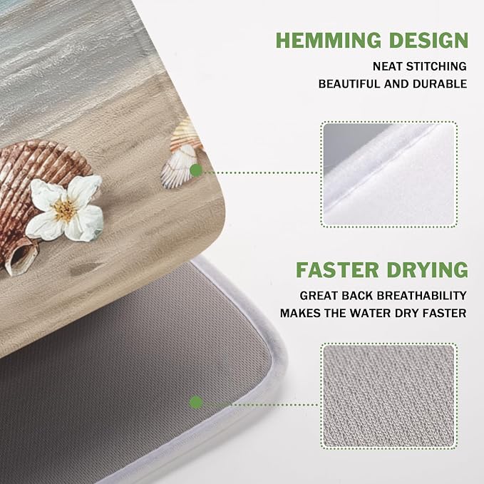 Summer Beach Dish Drying Mat for Kitchen Counter Nautical Coastal Blue Ocean Vase Floral Seashells Microfiber Dish Drainer Mat Absorbent Washable Drying Pad 16"x18"