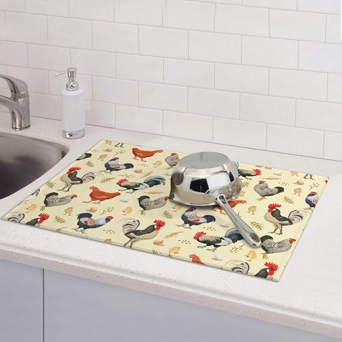 Chicken Dish Drying Mat for Kitchen Counter Cute Kitchen Mat Microfiber Kitchen Countertop Absorbent Reversible Drainer Rack Pad Dish Drying Mat 18 x 24 Inch