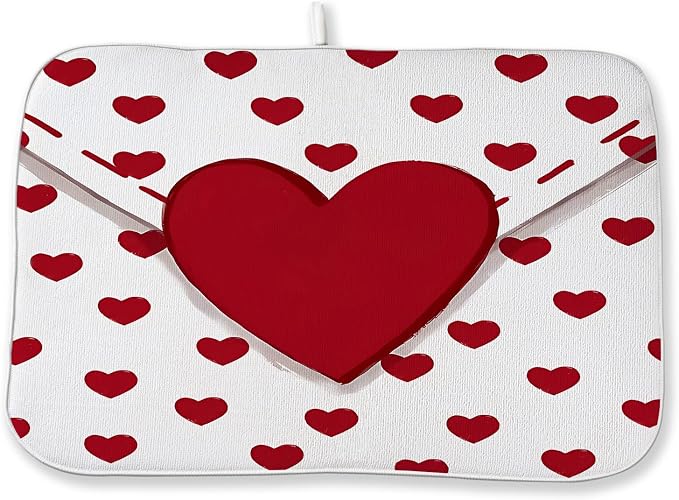 Valentines Dish Drying Mat 18x24 Inch Red Hearts Dish Drainer Protector Pad for Kitchen Counter Absorbent Holiday Love Drying Pad for Drainer Rack Kitchen Fast Dry