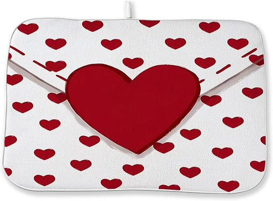Valentines Dish Drying Mat 18x24 Inch Red Hearts Dish Drainer Protector Pad for Kitchen Counter Absorbent Holiday Love Drying Pad for Drainer Rack Kitchen Fast Dry