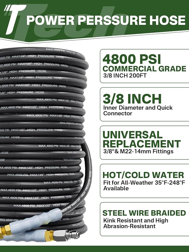 3/8" 4800PSI Pressure Washer Hose 200FT with Swivel Quick Connect for Cold/Hot Water Max 248°F, Kink Resistant Steel Wire Braided, Wear Resistant Power Washer Hose with M22 14mm Adapter | Power Washer Hose for Cold/Hot Water Max 248°F, Kink Resistant S...