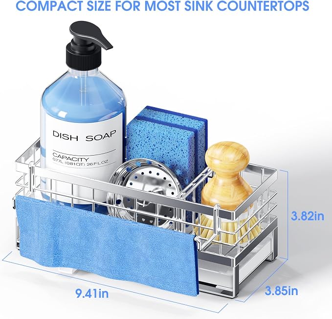 Kitchen Sink Sponge Holder - Self-Draining, Detachable Dish Cloth Holder, Rustproof Kitchen Countertop Organizer (Stainless Steel)