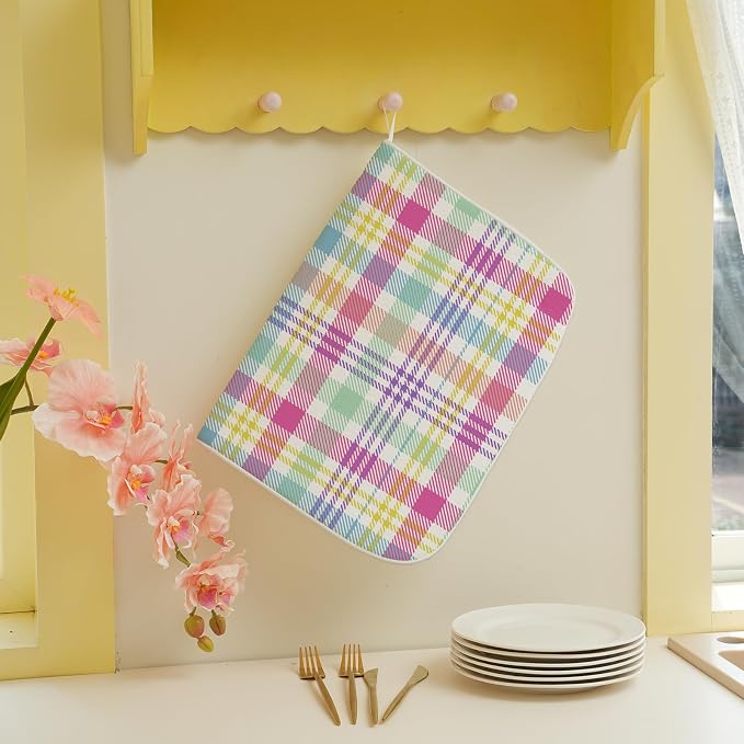 Easter Checkered Dish Drying Mat 18x24 Inch Colorful Buffalo Plaid Drying Mat Gingham Spring Holiday Absorbent Dish Drying Pad Dish Rack Drainer Mats for Kitchen Dining Counter