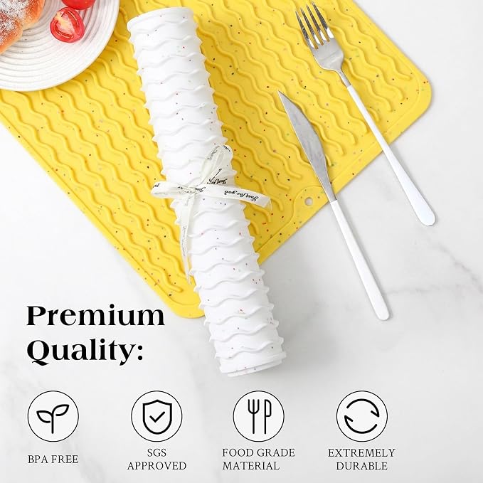 CAKETIME 2 Pack Multicolor Silicone Dish Drying Mat for Kitchen Counter Cooking Washable Placemats Coffee Station Accessories Under Sink Protector Stone Rack Trays Drain Appliance 15"x11.5" Yellow