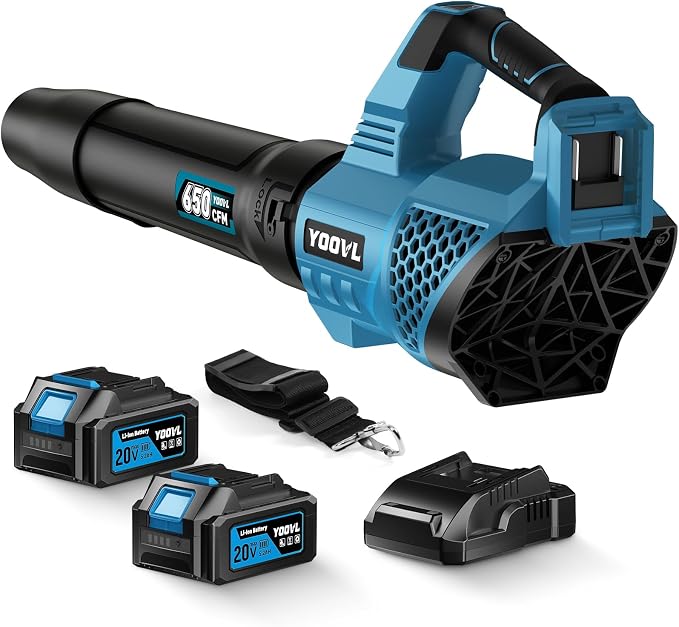 Leaf Blower Cordless, 650CFM Electric Leaf Blowers with 2 x 5.2Ah Batteries and Charger, 3 Speed Modes, 1 x Adjustable Shoulder Strap, Powerful Blowers for Lawn Care, Patio, Dust, Blowing Leaves