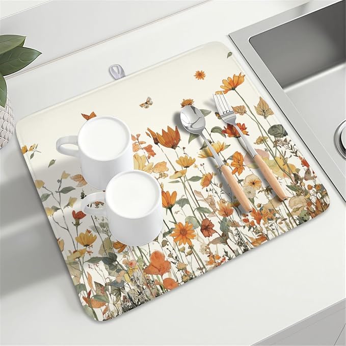Fall Floral Dish Drying Mat for Kitchen Counter Orange Rustic Vintage Wildflower Pattern Microfiber Dish Drainer Mat Autumn Absorbent Washable Drying Pad Extra Large 16"x18"