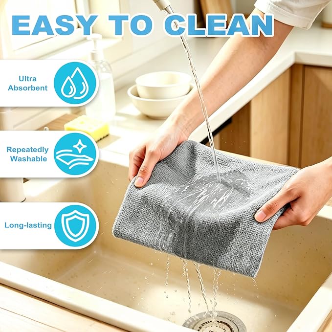 Puomue 55 Pack Microfiber Cleaning Cloth Roll, Tear Away Reusable Paper Towels, 11" X 9", Ultra Absorbent & Lint Free Microfiber Cloth for Cleaning Cars, Kitchen, Window, Home and Shop, Grey