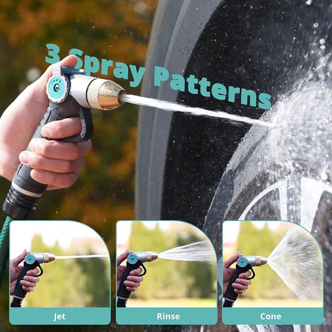 QUOBAS Garden Hose Nozzle Sprayer, Heavy Duty Metal Water Garden Nozzle | Brass Nozzle with Thumb Control, 3 Watering Patterns, Jet Hose Sprayer for Car Wash, Driveway, Patio Cleaning & Garden