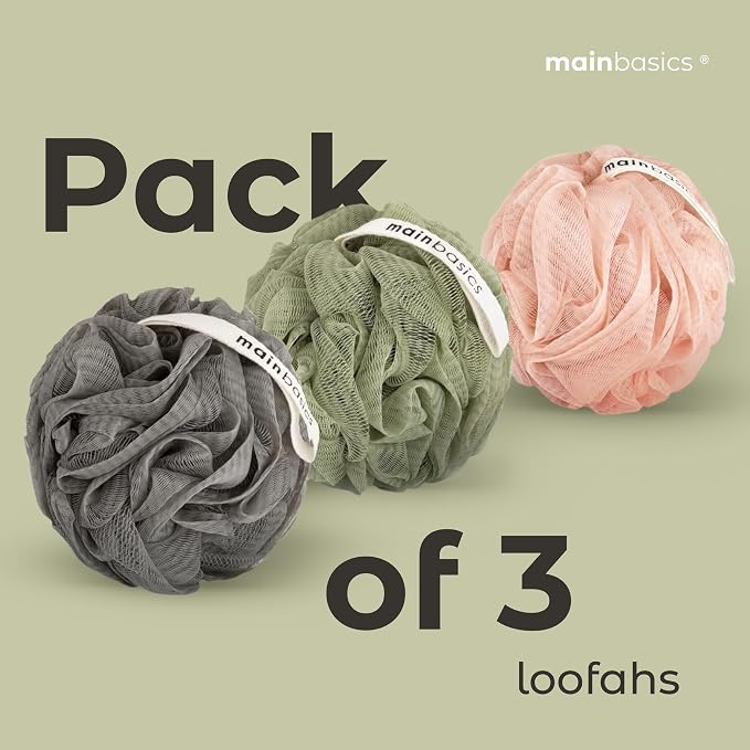 MainBasics Shower Loofah Sponge Pouf, Set of 3, Earthy Love | Soft Mesh Body Scrubber and Bath Sponge for Gentle Exfoliation, Rich Lather, and Everyday Shower Use