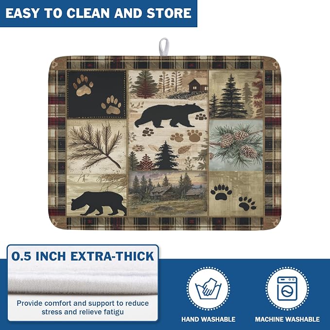 Giwawa Black Bear Dish Drying Mat Forest Cabin Decorative Dishes Pad 18x24 Inch Absorbent Fast Dry Dish Drainer Rack Mats for Kitchen Counter Sink