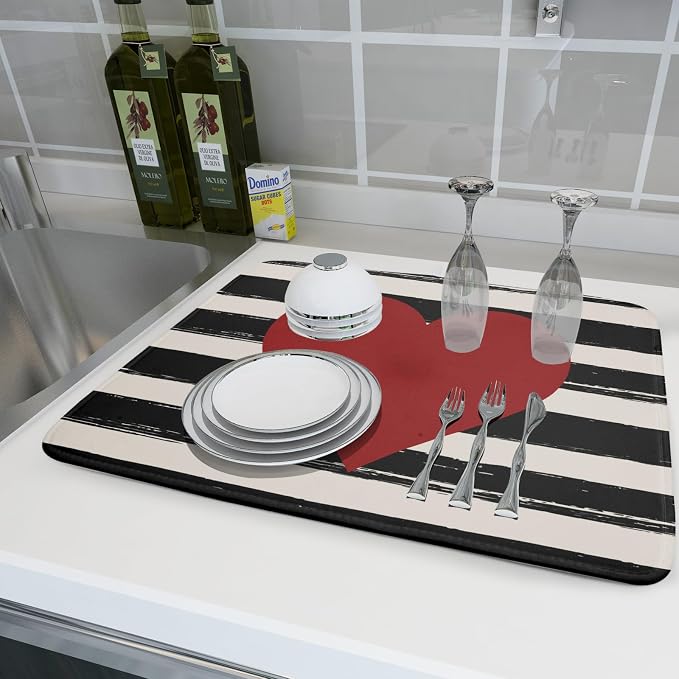 Valentine's Day Dish Drying Mat for Kitchen Counter Black Plaid Heart Microfiber Absorbent Dish Draining Reusable Washable Foldable Extra Large 18"x24"