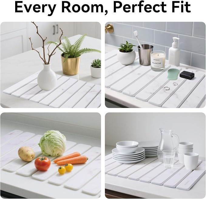 Stone Drying Mat for Kitchen Counter, 24"(L)×16"(W), Drying Matt Kitchen Counter, Stone Dish Drying Mat, Foldable Diatomaceous Earth Mat