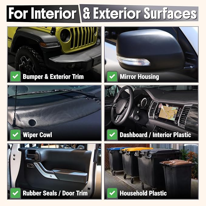 Carfidant Plastic Restorer for Cars – Refreshes Faded Plastic, Vinyl & Rubber Trim with Polish for Deep Shine – Protects Against UV & Dirt – Black Exterior & Interior Care for Detailing - 16 fl. Oz.