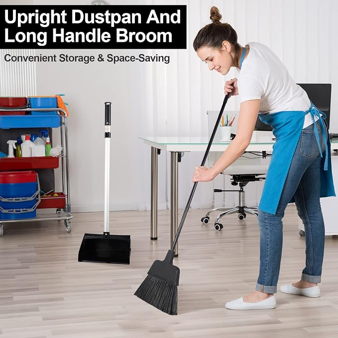 Mumufy 5 Set Lobby Dustpan with Broom Set Lobby Upright Dust Pan and Broom with Long Handle Heavy Duty Commercial Dustpan Combo for Restaurants Kitchen Office Home