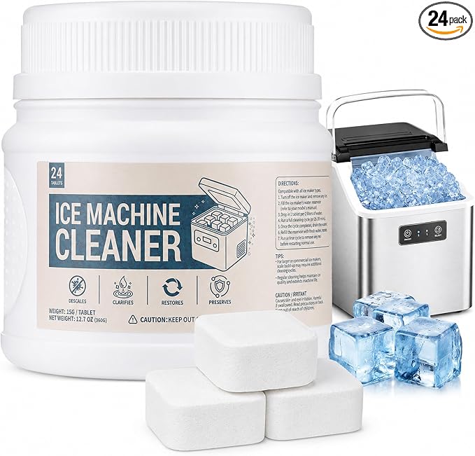 Ice Machine Cleaner Tablets Descaler, 24 Count Nickel Safe Ice Maker Cleaner Tablets, Compatible with Countertop, Nugget, Opal, Kitchenaid, GE Profile, Food-Grade Formula, Effective Descaling