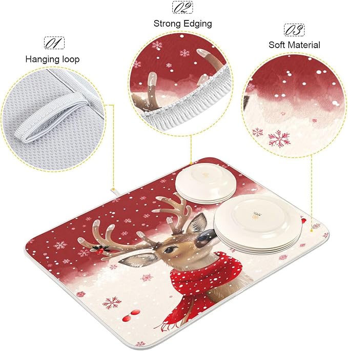 Christmas Reindeer Dish Drying Mat for Kitchen Countertop 18x24 Winter Snowflake Red Xmas Large Drying Mat Reusable Quick Dry Dish Sink Mats Easy Clean Decorative Essentials