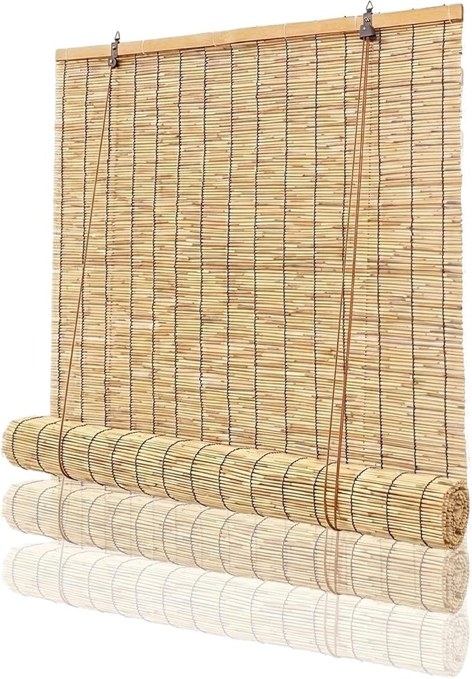 Bamboo Shades for Outdoor Patio, Waterproof Bamboo Blinds, 36" 47" 55" 60" 65" 72" 79" Blackout Reed Roller Shades with Lifter for Porch, Patio, Yard, Windows(Natural A,44" W x 84" H)