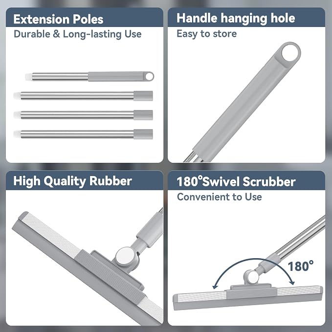 Floor Squeegee with 180° Rotating Head, Squeegee for Floor with 52'' Long Handle, Squeegee Broom, Squeegee for Window Cleaning, Bathroom Tile, Garage Concrete, Deck, Shower Glass (Silver)