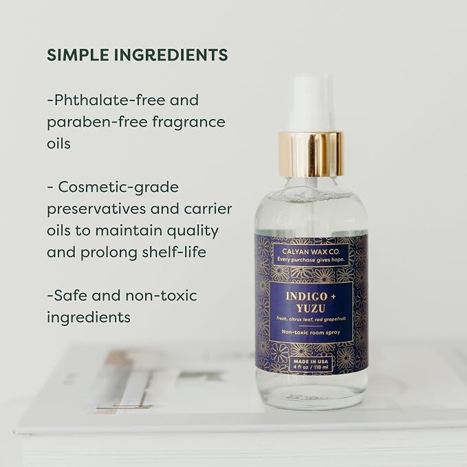 Calyan Wax Co. Indigo & Yuzu Room Spray - Natural Room Deodorizer | Long Lasting Clean Air Freshener - Room Spray for Luxurious Home Fragrance - Bedroom, Bathroom & Car Spray - 4 fl oz